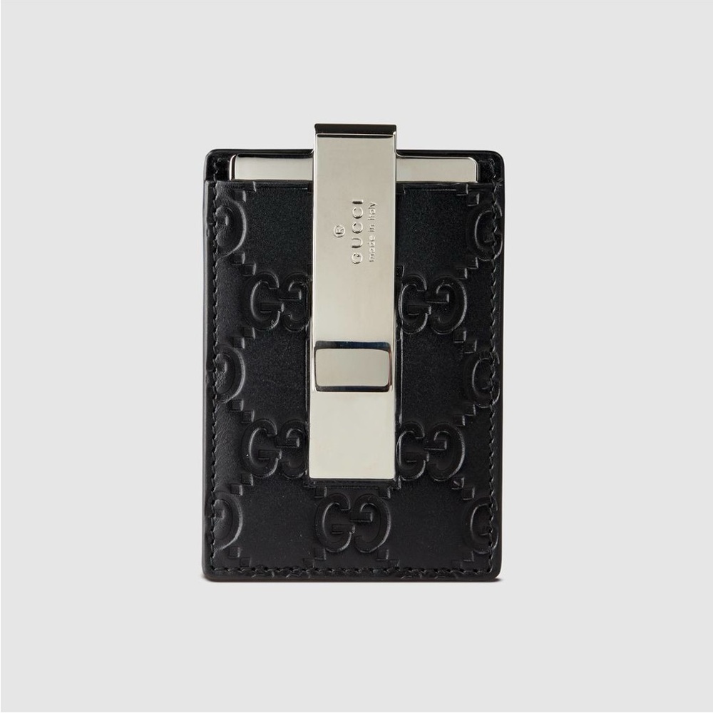 Great Condition Gucci Black Leather Money Clip with Silver-Tone Logo Plate